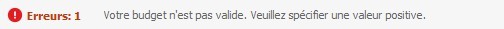 Message d'erreur bloquant la mise en place de la campagne (ici, le budget n'est pas indiqué)