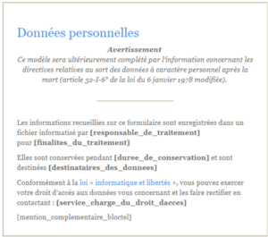 mentions légales formulaires de collecte de données personnelles