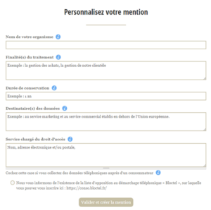 mentions légales formulaires de collecte de données personnelles