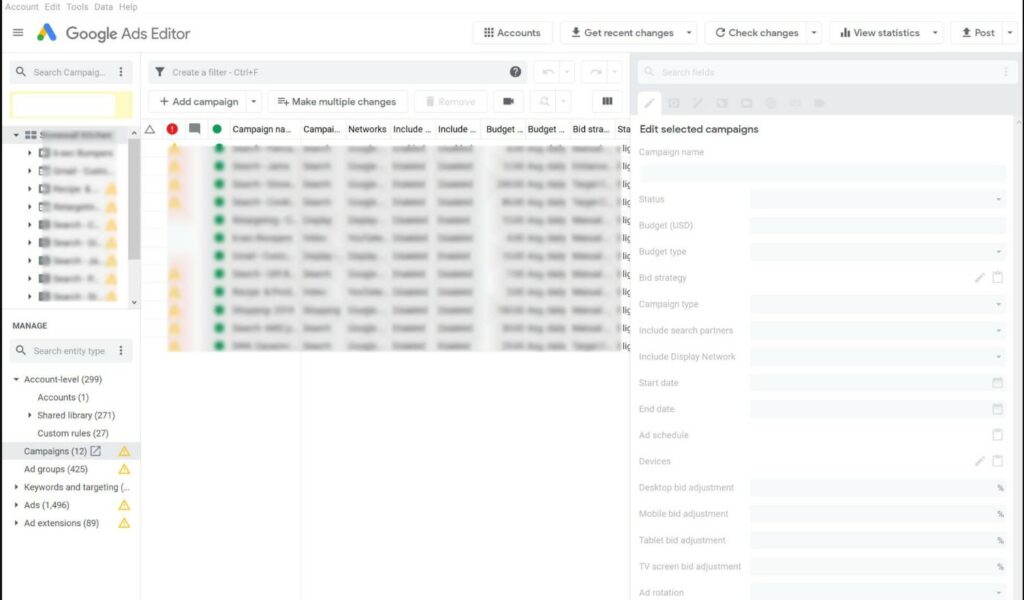 Interface Google Ads Editor 1.0