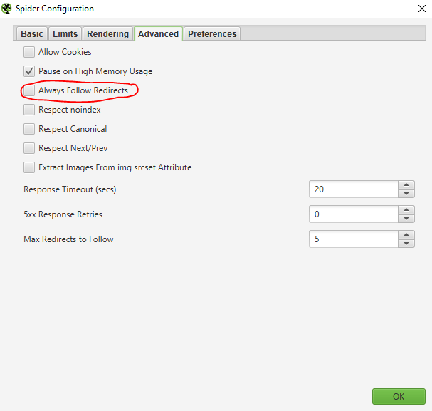 screaming frog always follow redirects